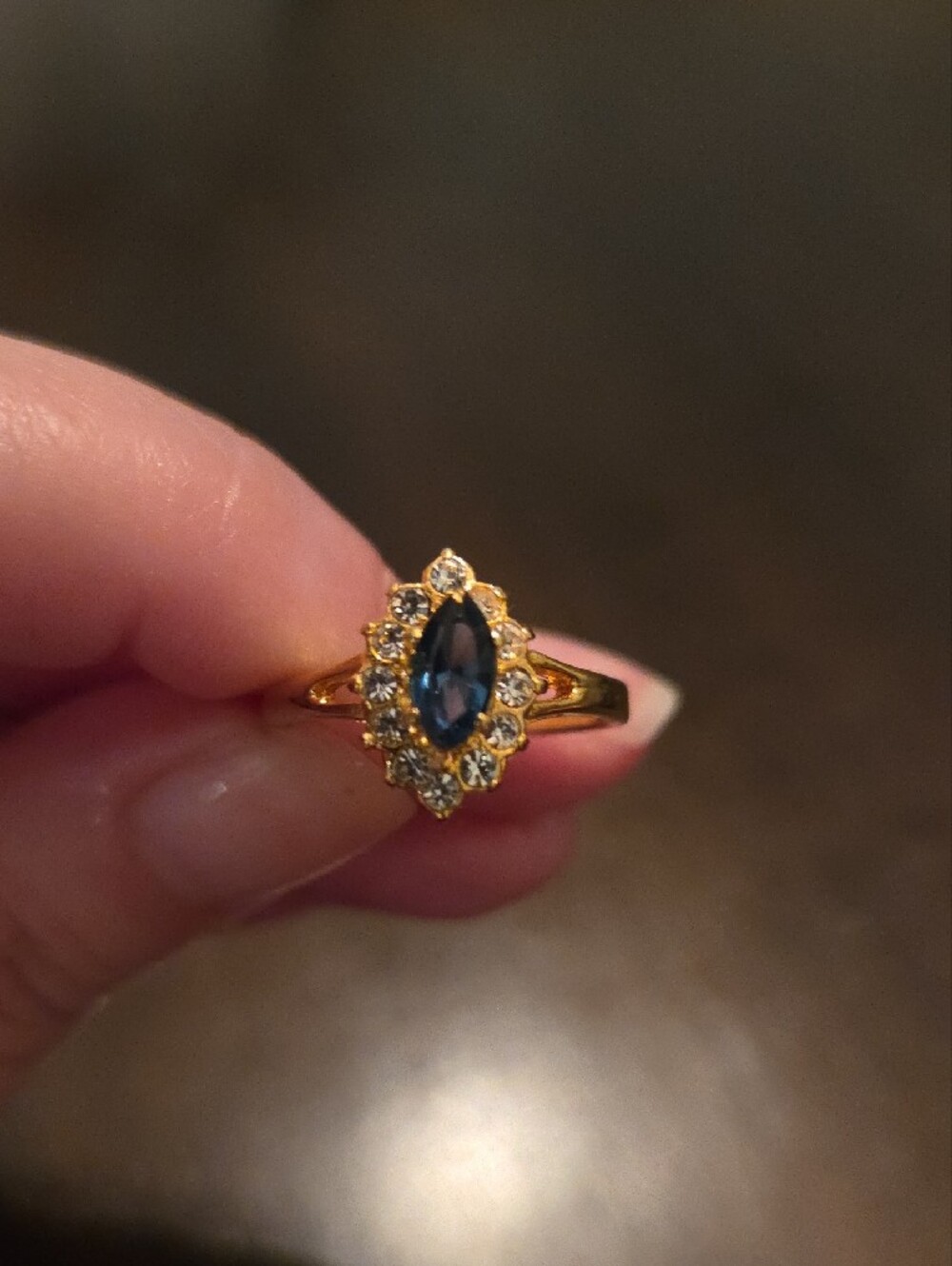 Gold-Tone Blue Marquise Crystal Halo Ring - Elegant Women's Jewelry
